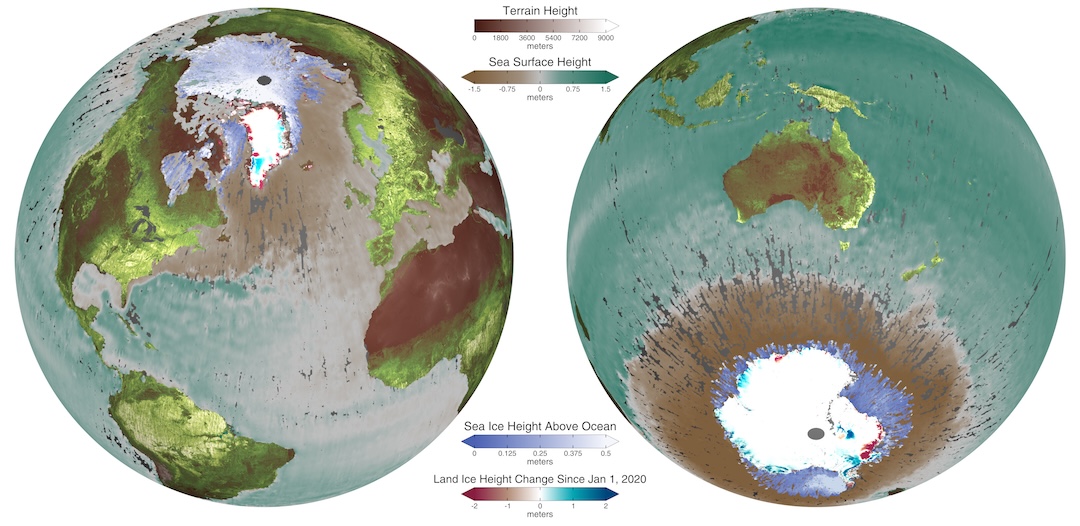 Two Earth spheres with different color patterns denoting data on different areas of the Earth